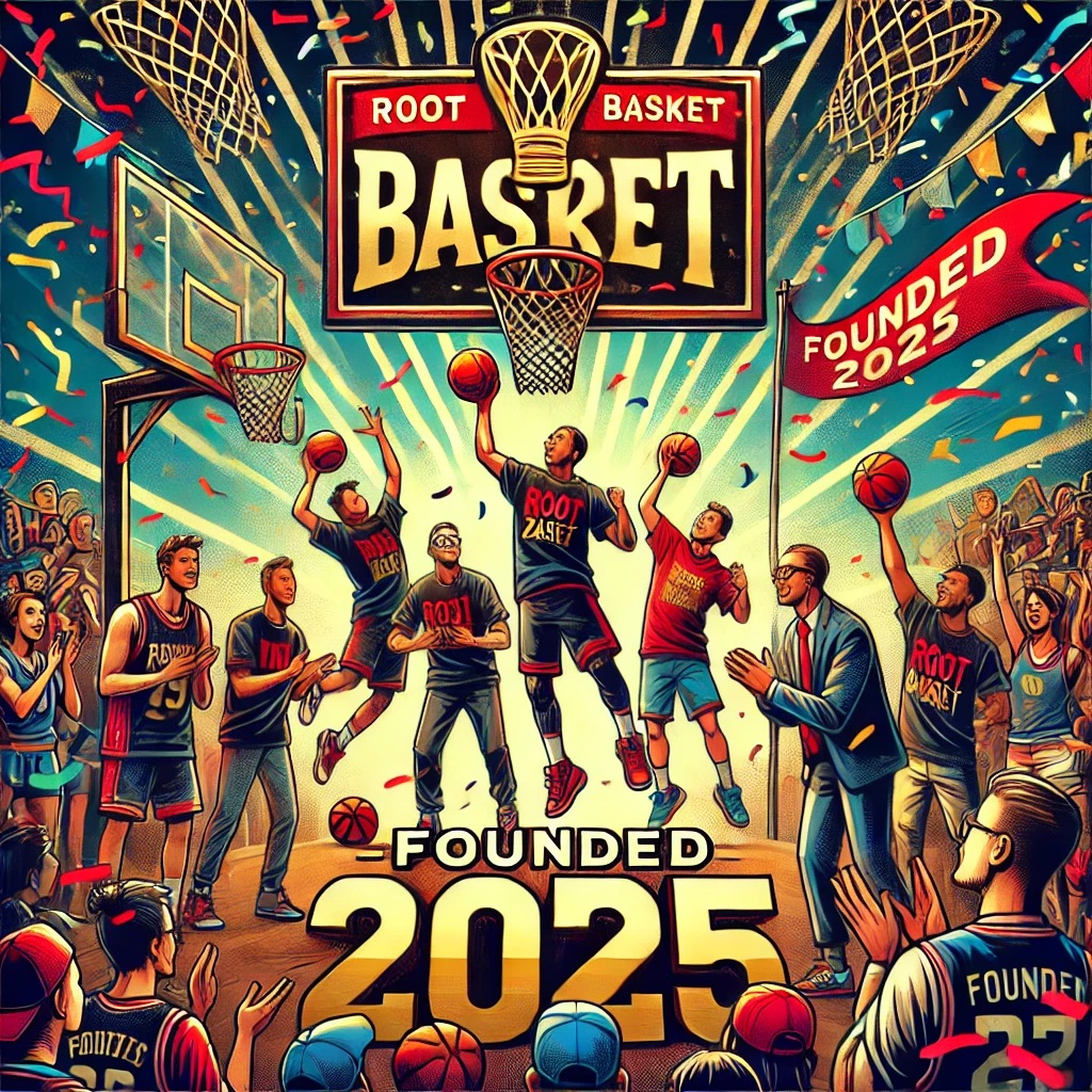 Illustration mit dem Schriftzug «Founded 2025» und jubelnden Basketballspielern