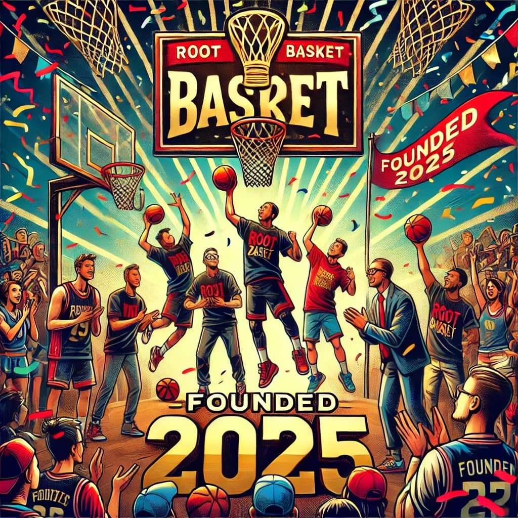 Illustration mit dem Schriftzug «Founded 2025» und jubelnden Basketballspielern